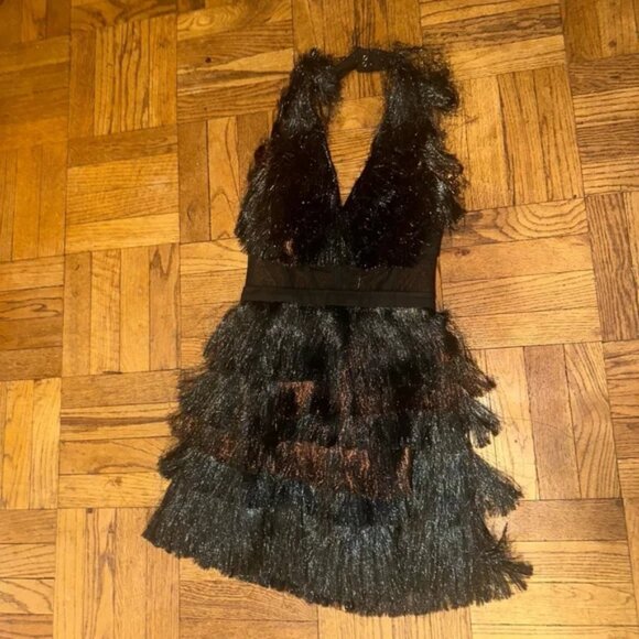 BCBG Women's Black Corset with Brown and Blue Sparkle Fringe Halter Dress Size 4 - Picture 1 of 5